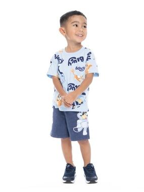 BLUEY Light Blue Cartoon Print Tee & Navy Shorts Kids Matching Set
